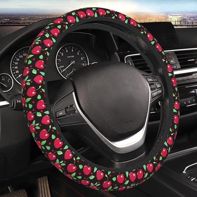 Red Cherry and Hearts Steering Wheel Cover for Women Girls, 15 Inches Anti-Slip Steering Wheel Cover for Auto Truck SUV