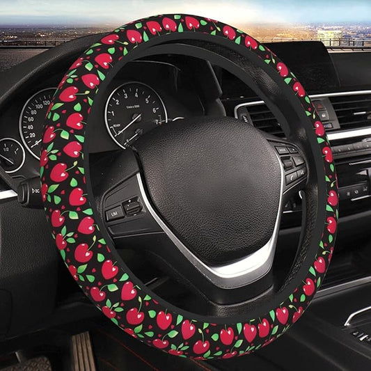 Red Cherry and Hearts Steering Wheel Cover for Women Girls, 15 Inches Anti-Slip Steering Wheel Cover for Auto Truck SUV