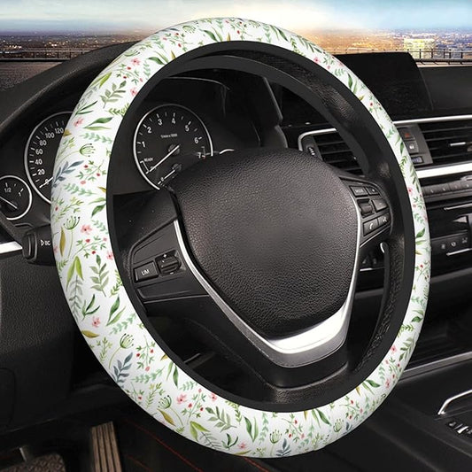 Flowers Leaves Steering Wheel Cover for Women Elastic Rubber Steering Wheel Universal 15 Inch Fit for Cars, Auto, SUVs