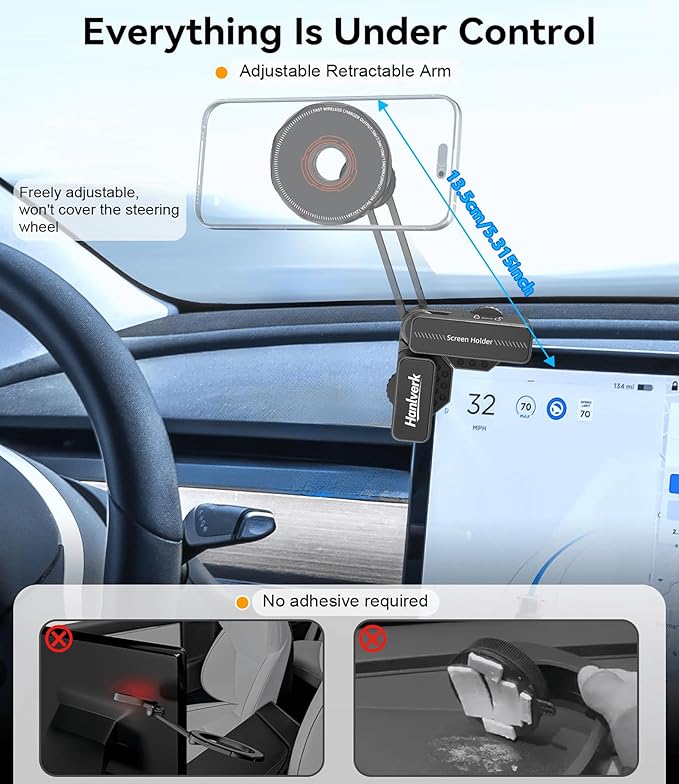 Wireless Charger Phone Mount,Screen Clip Phone Holder,Magnetic Car Charger Mount for Tesla Model 3/Y/S/X/Cybertruck,Cellphone Holder for MagSafe for iPhone 17 16 15 14 Series,and More(Charging Model)