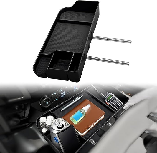 Upgraded Front Center Console Organizer Fit for 2011-2025 Ford F150 F250 F350 F450 F550 F650 Super Duty Accessories- Jump Seat Headrest Replacement with Cup Holder Tray (BLACK)