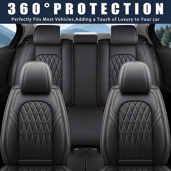 WELLDO Car Seat Covers Full Set, Leather Seat Covers for Cars, Car Seat Protector Waterproof, Non-Slip Car Interior Covers Full Set Universal Automotive Seat Covers for Most Cars SUVs, Black