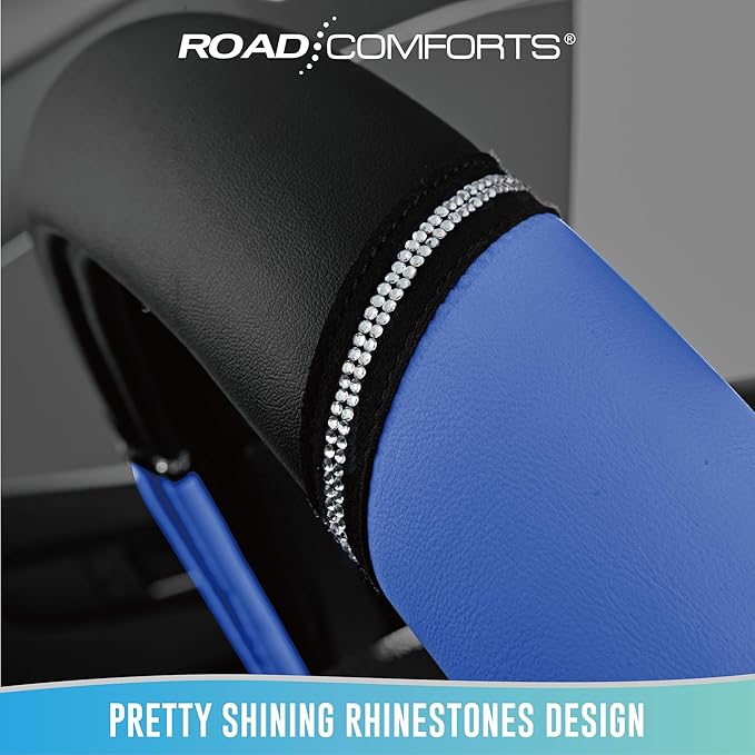 Road Comforts Leather Steering Wheel Cover - Made with PVC Leather - Anti-Slip, Universal Fit 14 1/2 inches to 15 inches - Blue