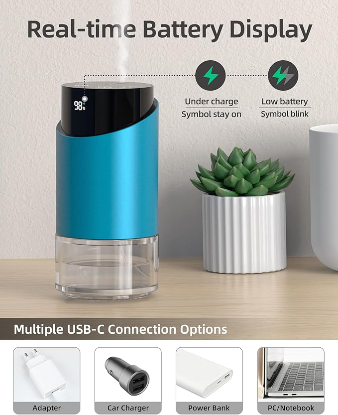 Waterless Essential Oil Diffuser Aromatherapy Scent Diffusers for Home Large Room, Car, Office, Desk, Mini Battery Operated Cordless Air Freshener, 4 Timers & 3 Mist Levels, 100ml Capacity (Blue)