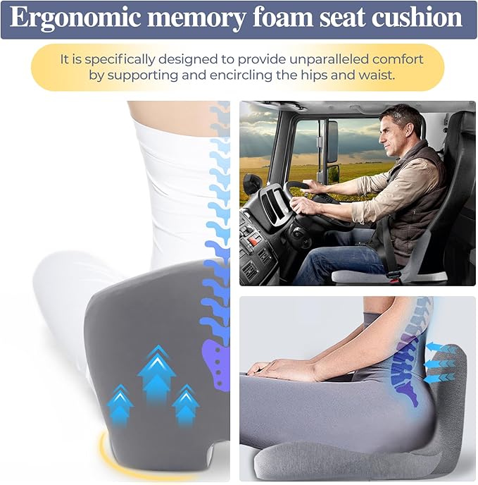 Seat Cushion for Truck Driver, Memory Foam Truck Seat Cushion with Adjustable Strap – Ergonomic Back Support & Sciatica Relief for Long Drives, Semi Truck Accessories, Light Gray