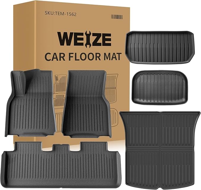Weize Floor Mats & Cargo Liners Fits Tesla Model Y 5-Seat 2021 2022 2023 2024 All Weather TPE Floor Mats and Cargo Trunk Mats Accessories, Set of 6 Mats (Not Fit 7-Seat)