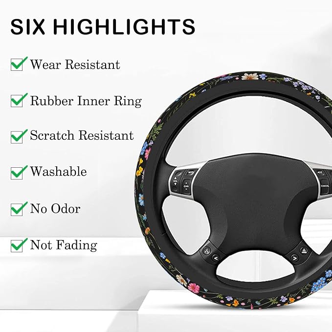 Wildflower Steering Wheel Cover for Women Men, Anti-Slip Breathable and Sweat Absorption Universal 14.5-15 Inch Cute Steering Wheel Protector, Wildflower Floral Car Accessories