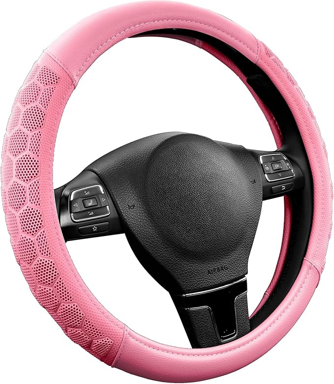 PIC AUTO Massage Steering Wheel Cover, Pink Football Pattern Material Spliced & Pink Leather Car Steering Wheel Cover, Car Steering Cover, Universal Fit 14.5"-15.5" for Cars, Trucks, Van, SUVs