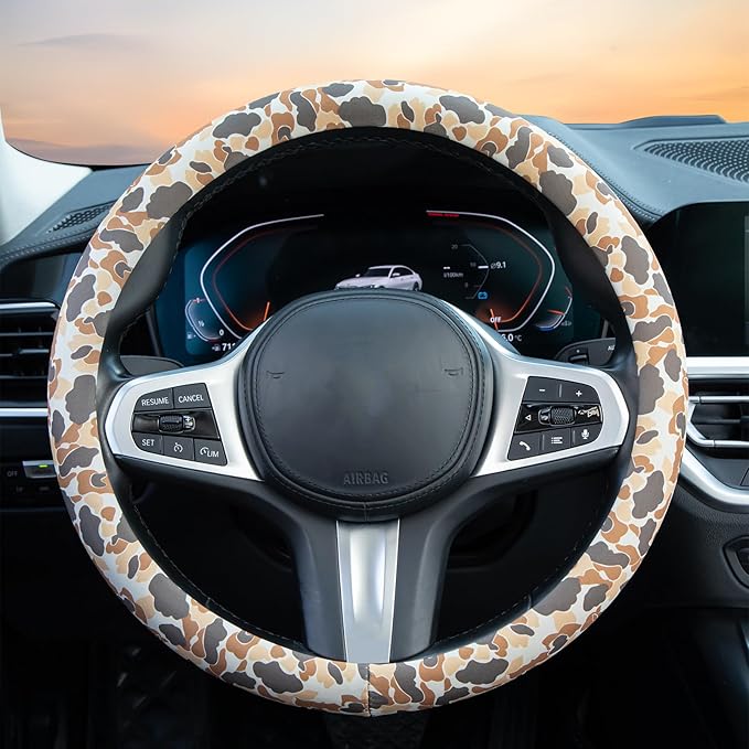 Tan Duck Camo Steering Wheel Cover Auto Steering Wheel Protector, Anti-Slip, Breathable, Absorbing Sweat, Universal Camo Car Accessories 14.5–15 inch,Fit for Most Car, Trucks, SUV