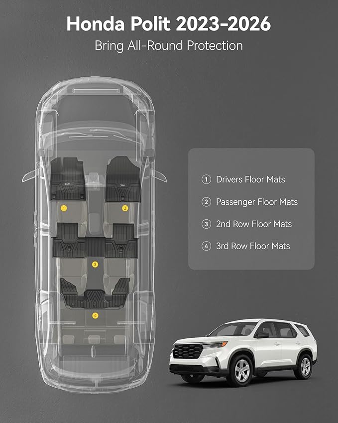 3W Floor Mats Fit for 2026 2025 2024 2023 Honda Pilot, Custom Fit Floor Liner for 1st 2nd and 3rd Row Full Set TPE All-Weather Car Liners, Black