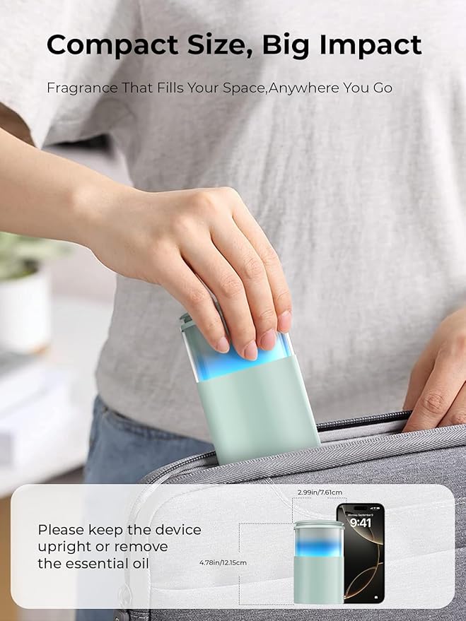 Waterless Diffuser for Essential Oil: Mini Battery Scent Diffuser for Room&Home&Car with 9 Colors LED Light - Aroma Cool Mist Light Cyan