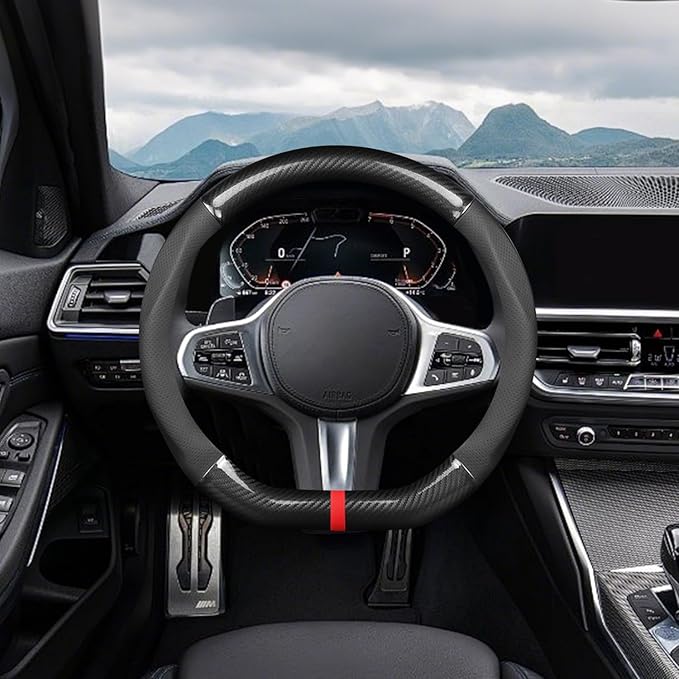 Ergocar Car Steering Wheel Cover Non-Slip Car Steering Wheel Protector Sport D-Shape Carbon Fiber & PU Leather Universal for Diameter 38cm(15") (Black-Stripe-B)