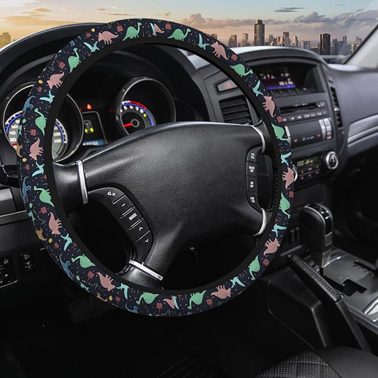 Dinosaur Steering Wheel Covers Rainbow Dino Happy Birthday Cake Confetti Balloon Steering Wheel Cover Universal Car Accessories 15 Inch Steering Wheel Cover for Trucks Auto Vans