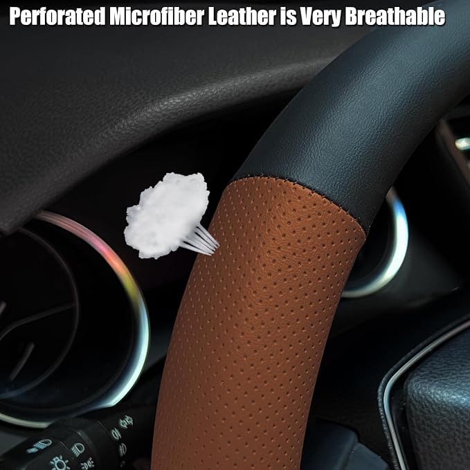 Steering Wheel Cover Standard Size 14.5-15 inch, Non-Slip Car Wheel Cover Protector, Breathable Microfiber Leather, Black and Ochre Brown