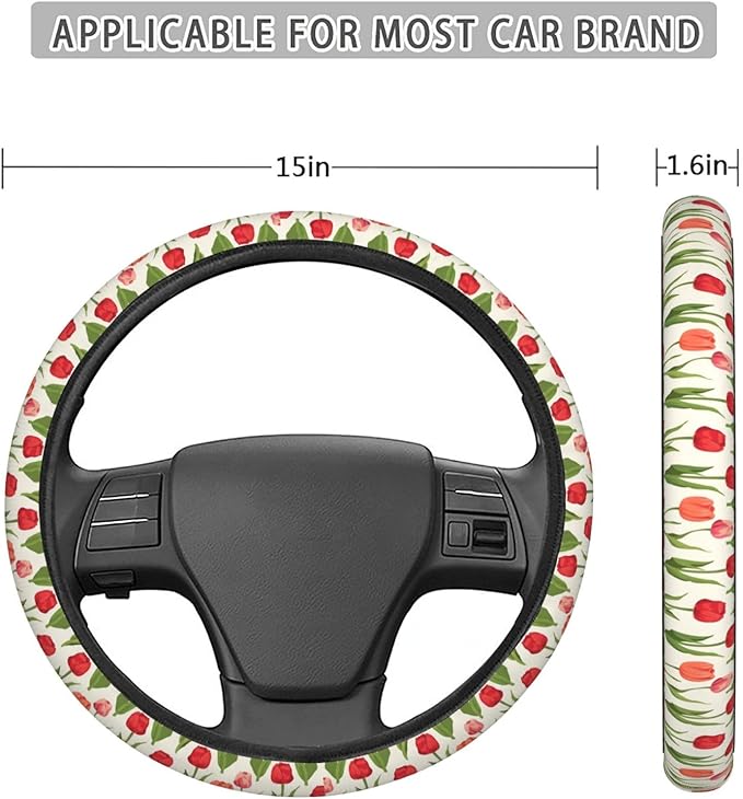 Tulips Flower Steering Wheel Covers Anti-Slip Elasticity Car Accessories Steering Wheel Protector Universal 15 Inch for Cars SUV Vehicle Truck