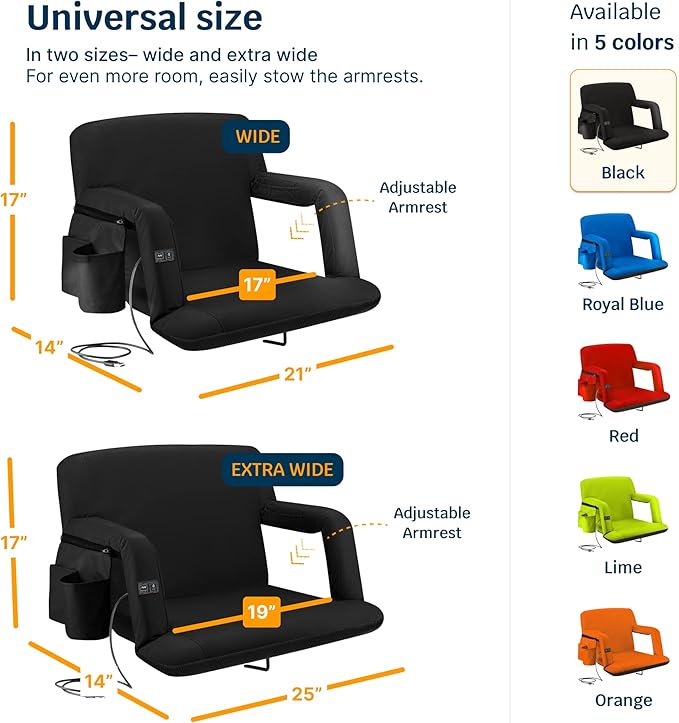 Alpcour Heated Massage Reclining Stadium Seat for Bleachers – Wide Bleacher Chair with Back Support and Cushion, Armrests, Large Pockets, and Multiple Safety Features – Best Stadium Seats Chairs
