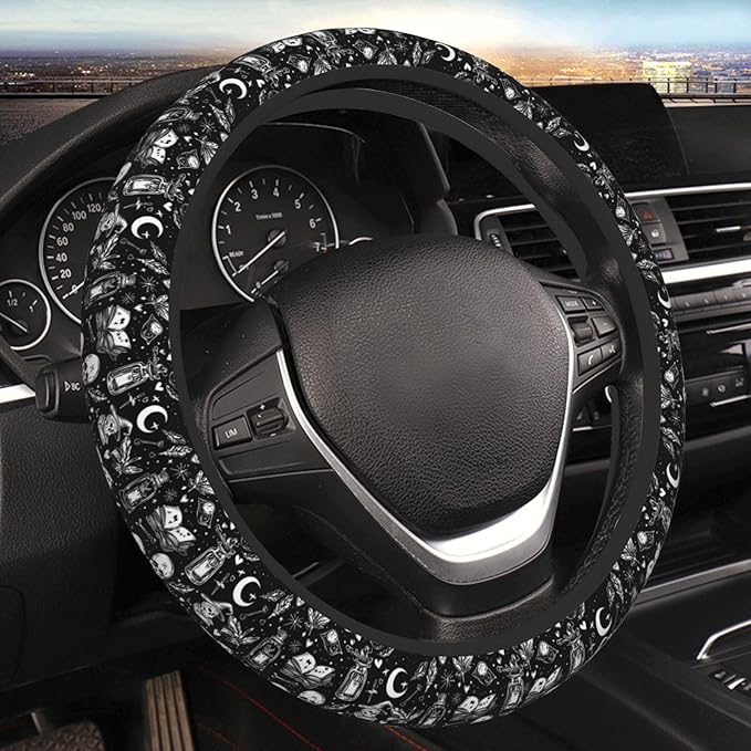Witchy Skull Symbols Steering Wheel Cover for Women Girls, 15 Inches Anti-Slip Steering Wheel Cover for Auto Truck SUV