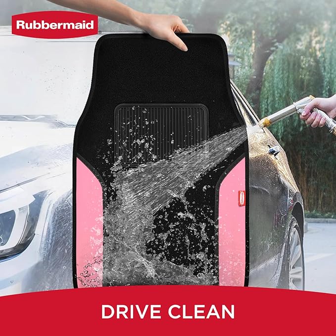 Rubbermaid Car Mats, Carpeted Floor Car Mat with Faux Leather & Built-in Heel Pad, Two-Tone Car Rug Floor Mats, Stylish Carpeted Floor Mats for Cars, Trucks & SUVs Pink Color