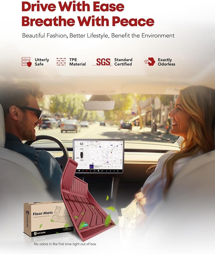 YHTAUTO Custom Fit Red Floor Mats for 2024 2025 Tesla Model 3 Highland, All Weather TPE Car Mats Carpet, Front Rear Trunk Cargo Liner, Rear Storage Liner Mats, Anti-Slip Waterproof Orderless, Set of 6