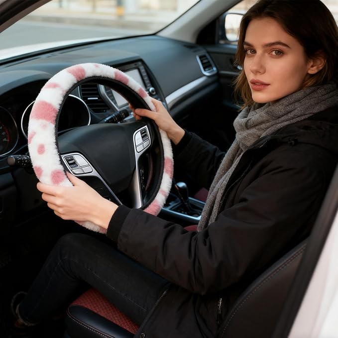Pink Cow Fuzzy Steering Wheel Cover for Women, Universal Auto Steering Wheel 14-15 Inch Soft Warm Car Interior Accessories with 2PCS Car Coasters, Suitable for Men and Women