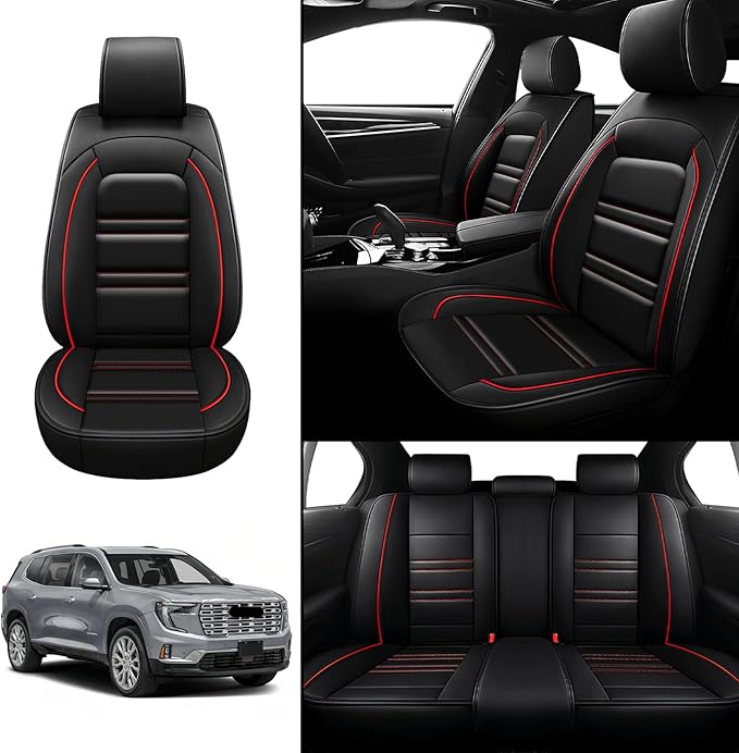 Seat Covers for gmc Acadia 2016-2025 | 5-Seats Leather Seat Covers, Easy to Install Automotive Seat Covers Full Set (Full Set, Black&Red Line)