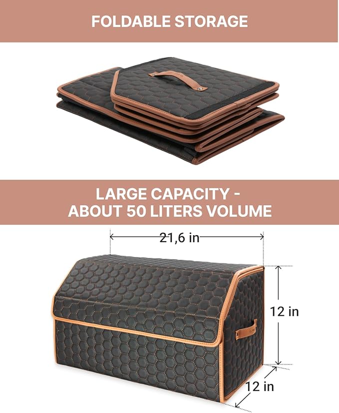 Owleys Foldable Trunk Organizer for Car Storage - Collapsible Auto Trunk Organizer With Lid - Trunk Organization (21.6 inch, Hexy)