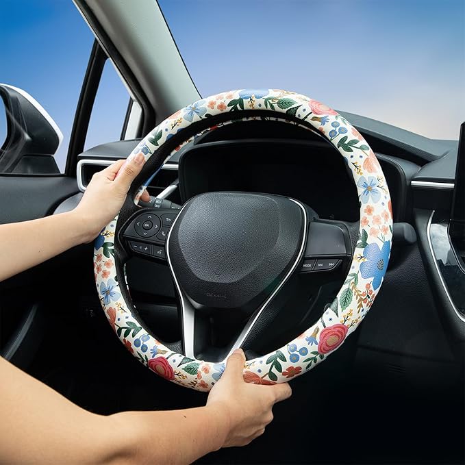 Wild Rose Steering Wheel Cover Auto Jacquard Steering Wheel Protector, Anti-Slip, Breathable, Absorbing Sweat, Universal Car Accessories 14.5–15 inch,Fit for Most Car, Trucks, SUV