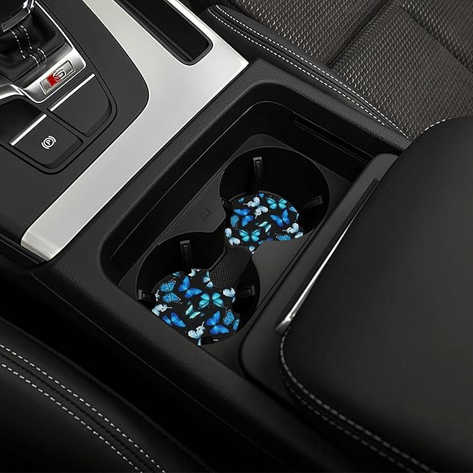 Watercolor Blue Butterfly Steering Wheel Cover for Women Men,Anti-Slip Breathable Car Steering Wheel Cover Elastic Protection with 2 Pieces Car Coasters,Universal 15" Fit Auto,Suvs,Truck