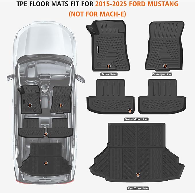 All Weather Floor Mats Cargo Liner for Ford Mustang 2015-2025 (NOT for Mach-E), TPE Rubber Floor Liners Anti-Slip Full Set Automotive Mats for 2025 Ford Mustang Accessories