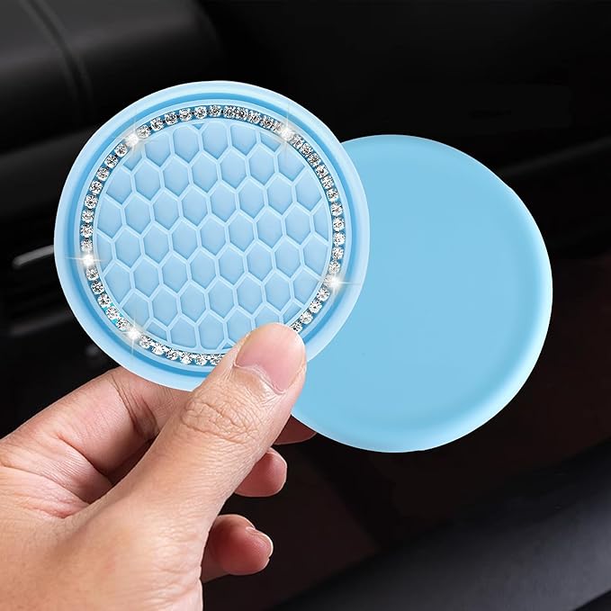Amooca Car Cup Coaster 4 Pack Universal Non-Slip Cup Holders Insert Coasters Bling Crystal Rhinestone Car Interior Accessories Blue Grid