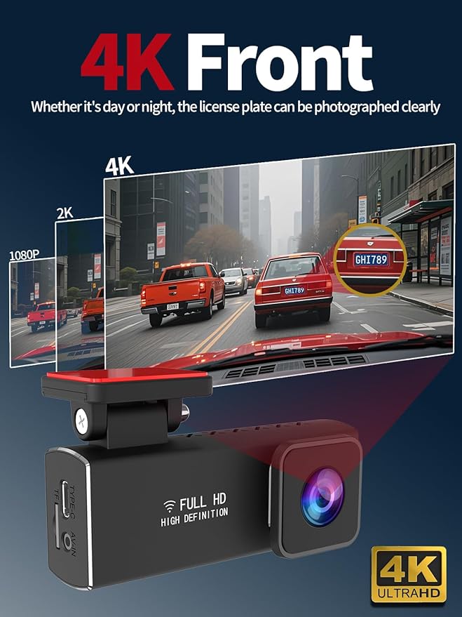 Dash Cam Front and Rear, 4K+1080P Full HD Dash Camera for Cars, with 64GB Card, Loop Recording, G-Sensor, Night Vision, 24H Parking Mode, Built in WiFi, App Control, 1.47" Screen