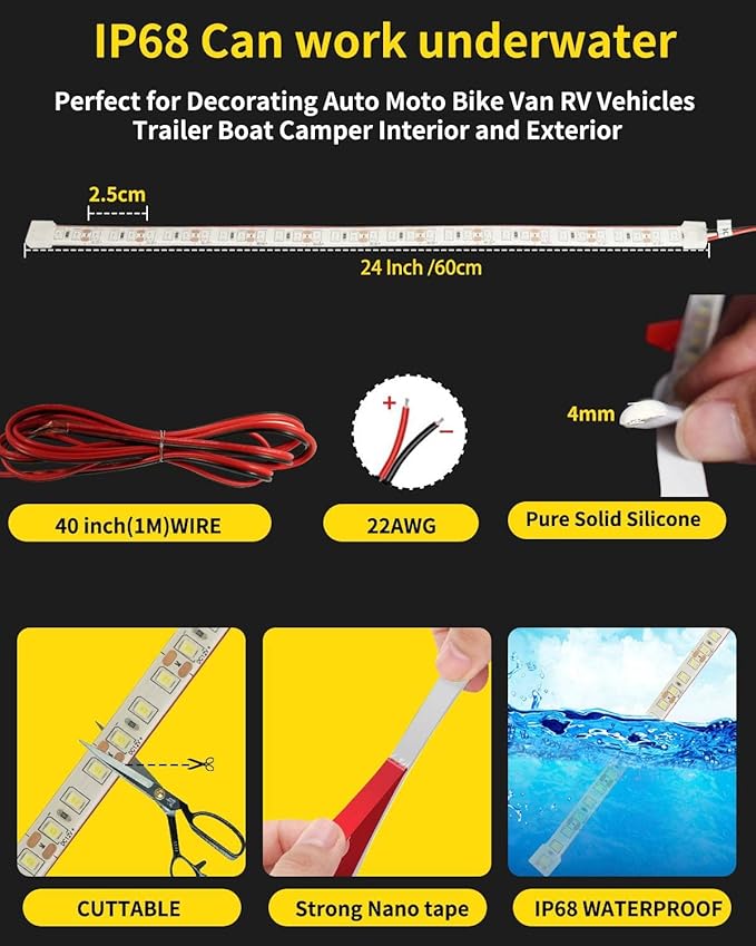 YM E-Bright Led Strip Lights for Car Motorcycle Trucks Van Golf Cart Cuttable Marine Boat Navigation Night Fishing Lighting Interior Exterior Waterproof IP68 24inch 60CM 72SMD 12v,Green(Pack of 4)