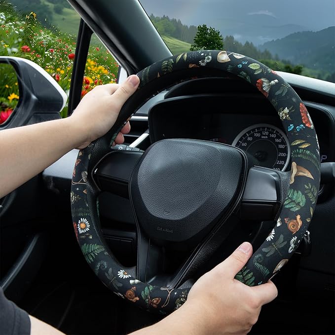 Woodland Fern Moth Dragonfly Mushroom Amanita Steering Wheel Cover Auto Steering Wheel Protector, Anti-Slip, Breathable, Absorbing Sweat, Universal Car Accessories 14.5–15 inch