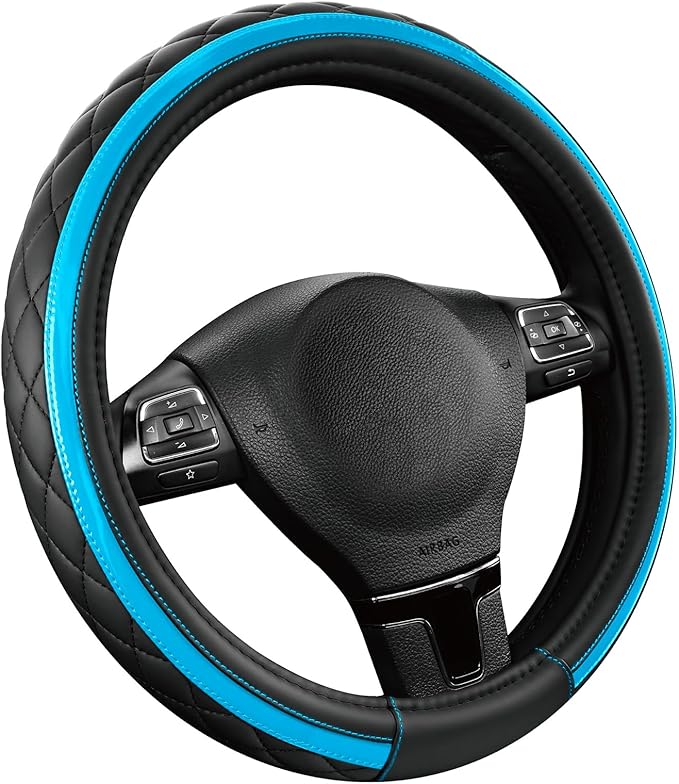 Road Comforts Leather Steering Wheel Cover – Black & Blue, Universal Fit 14.5-15 Inch, Microfiber Leather, Anti-Slip & Breathable Design for Men and Women