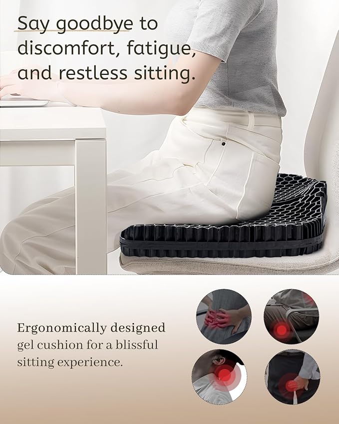 Gel Seat Cushion for Long Sitting & Hip Pain Relief (Large Size) - Cooling 3D Cushions for Office Chair, Car, Wheelchair, Breathable & Non-Slip Cover with Pressure Relief Technology