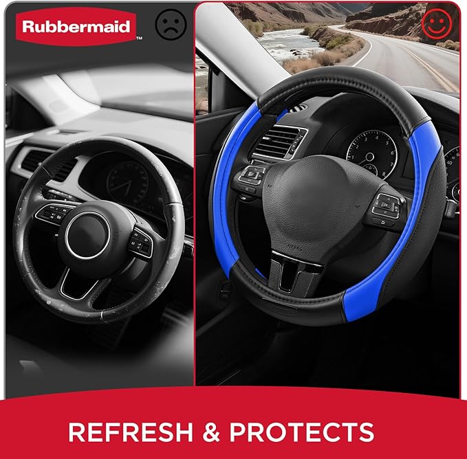 Rubbermaid Steering Wheel Cover – Universal Fit 14.5"–15" Steering Wheel Cover, Anti-Slip Grip, Breathable Leather, All-Season Protection, Interior Upgrade for Cars, Trucks, SUVs - Blue