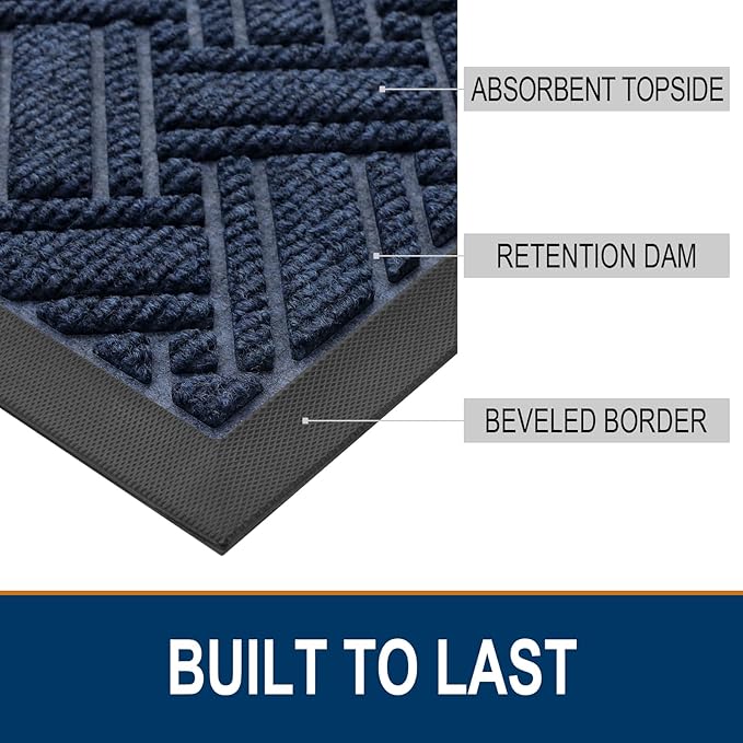 OLANLY Indoor Outdoor Mat, Sturdy Natural Rubber Floor Mat, Non Slip Low Profile Waterproof Doormat, and Stain Front Door Mats, Easy Clean Patio Entrance Mat, 30''x17'', Navy