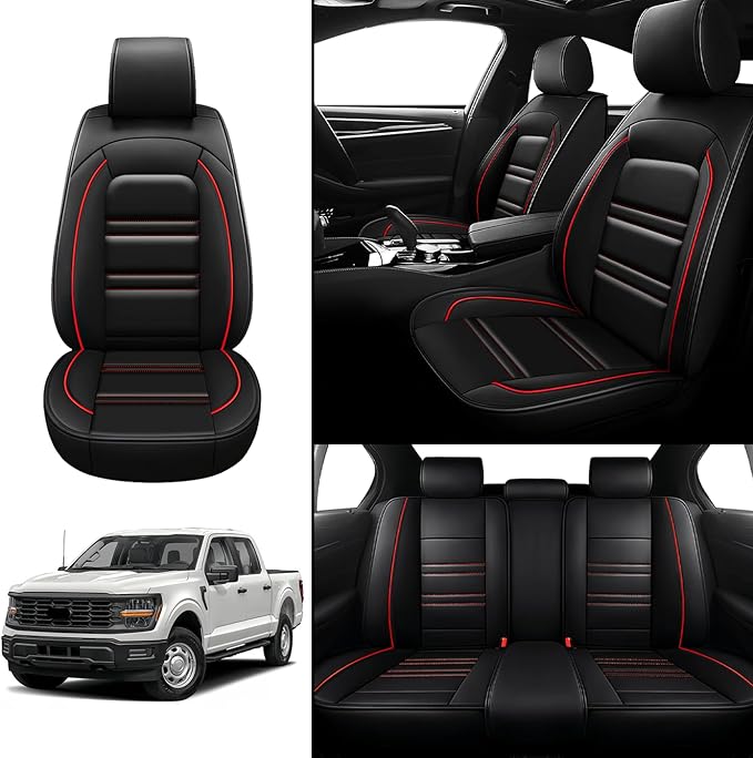Seat Covers for Ford f150 2003-2025 | 5-Seats Leather Seat Covers, Easy to Install Automotive Seat Covers Full Set (Full Set, Black&Red Line)
