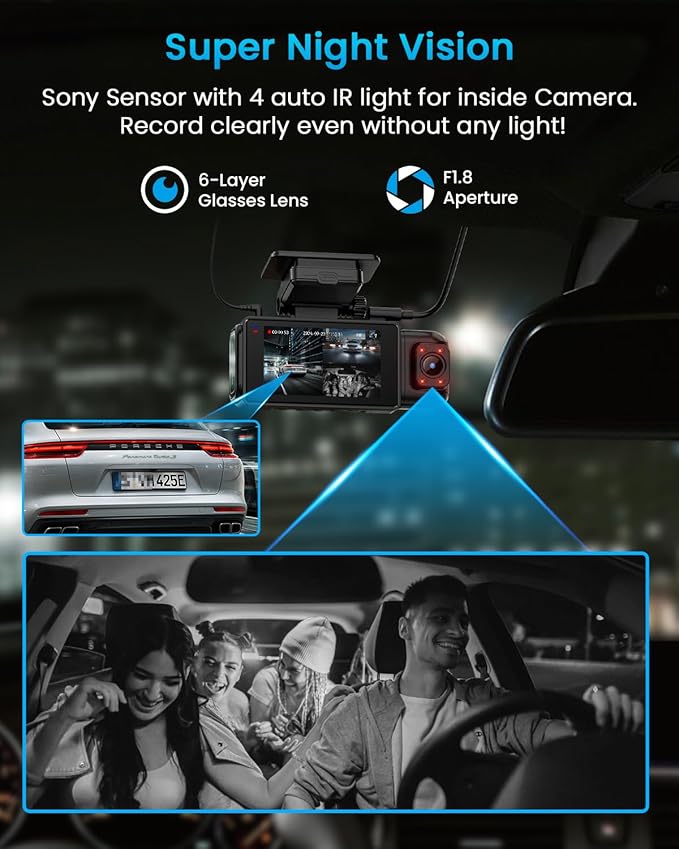 iiwey N7 3 Channel Dash Cam Front and Rear Inside 3K+1080P+1080P with 128GB SD Card, 5GHz WiFi, Rotatable Side Camera for Car, IR Night Vision, 24/7 Recording, G-Sensor, Parking Mode