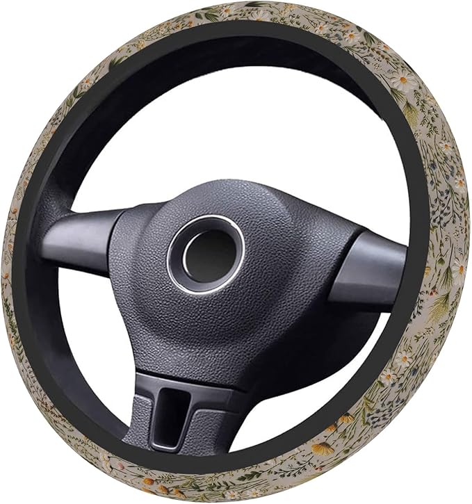 Steering Wheel Cover, Retro Wildflowers Flowers Steering Wheel Cover for Women Men Universal 15 Inch Steering Wheel Protector Fit Auto SUV Sedan Vans Trucks