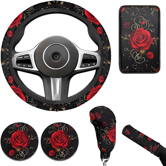 Flower Print Car Decor Set for Women Girls Red Rose Steering Wheel Cover Cup Holder Handbrake Gear Cover Car Interior Accessories -6pcs