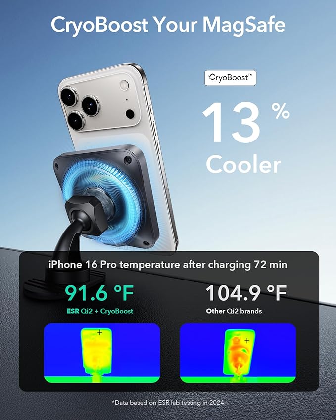 ESR for Qi2 15W MagSafe Car Mount Charger with CryoBoost, Phone Cooling MagSafe Car Charger, Air Vent/Dashboard Wireless Charging for iPhone 17/16/15/14/13/12, S25 Series, Pixel 10, Fast Charger