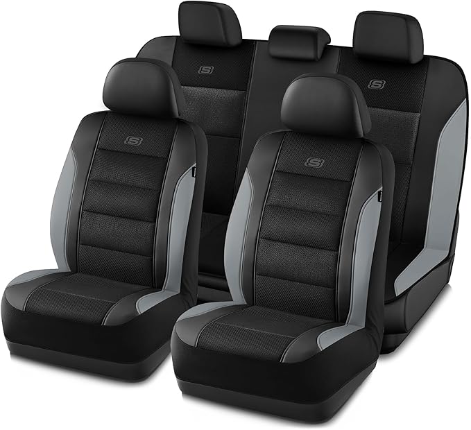Skechers Aircooled & Memory Foam Seat Covers,Premium Leather with EVA Mesh Car Seat Covers,Seat Cover Full Sets,Airbag Compatible Automotive Comfort for Most Cars, Vans, Trucks, SUV,Grey