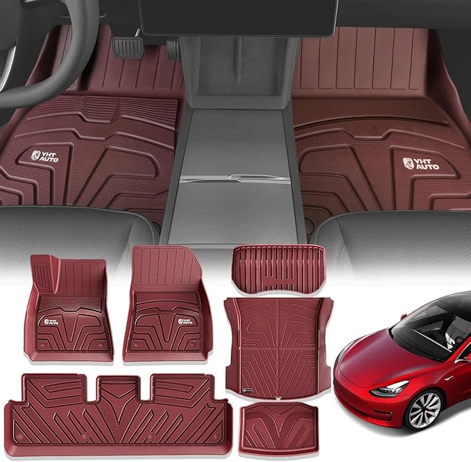 YHTAUTO Custom Fit Red Floor Mats for Tesla Model 3 2020 2019 2018 2017, All Weather TPE Car Carpet, Front Rear Trunk Storage Cargo Liner, Lower Storage Mat, Anti-Slip Waterproof Orderless, Set of 6