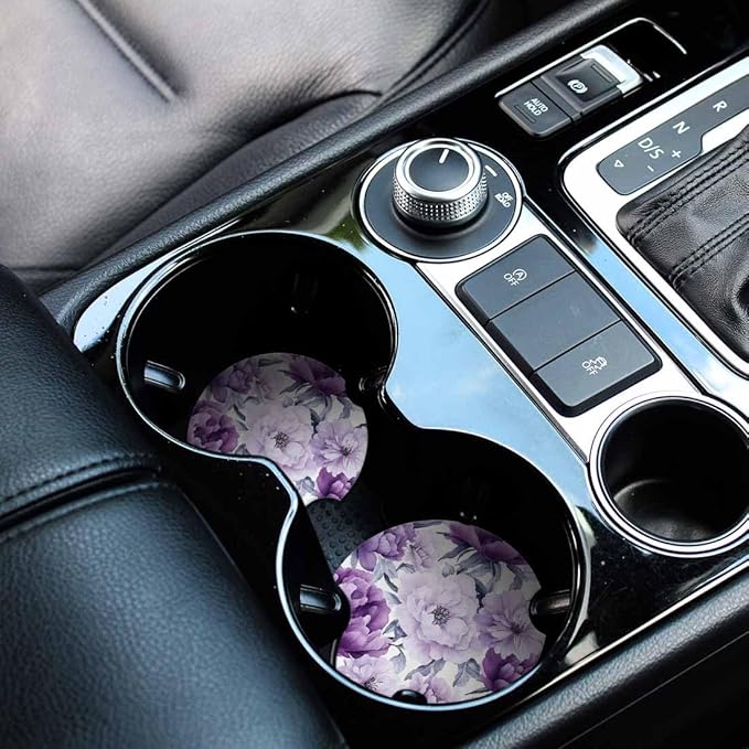 Purple Flower Car Coasters for Cup Holders Car Cup Holder Coasters 2 Pack for Car, Anti Slip Ceramic Car Cup Mat with Finger Notch Cute Car Interior Accessories for Women Men