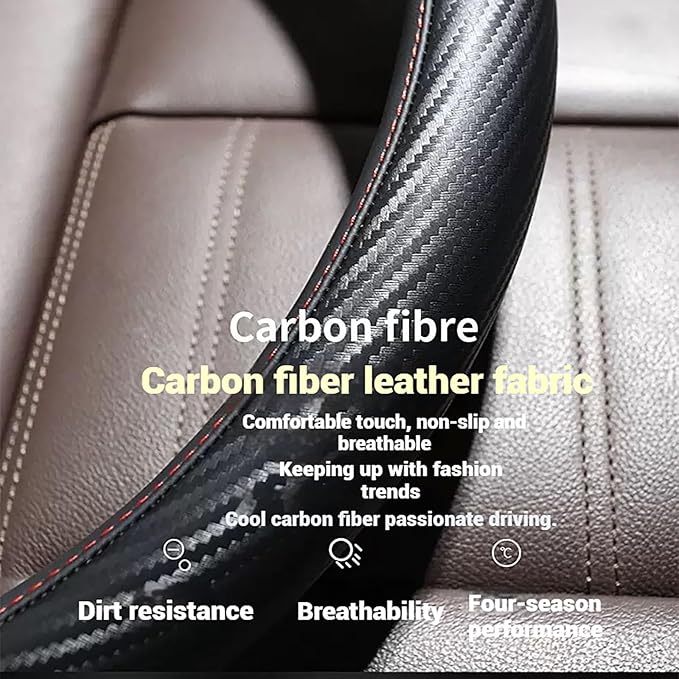 Premium Leather Steering Wheel Cover with Carbon Fiber Texture, Non-Slip Grip, Universal Fit for 14.5-15 Inch Wheels