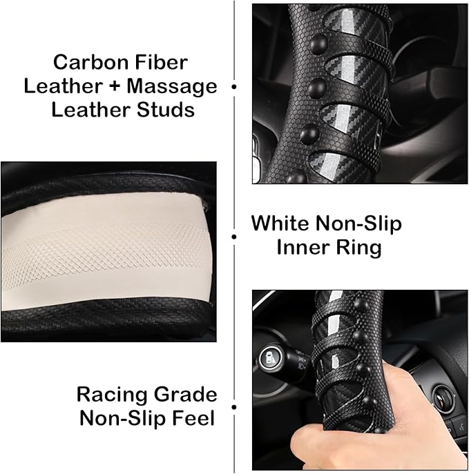 3D Massage Car Steering Wheel Cover,14.5-15 Inch Universal Black Carbon Fibre Leather Covers Breathable Anti-Slip Odorless Steering Wheels Accessories for Men Women