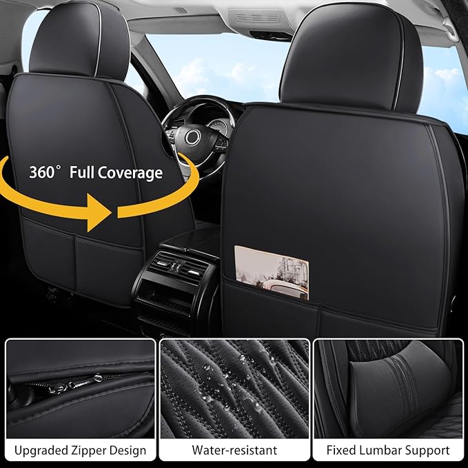 WELLDO Car Seat Covers Full Set, Premium Nappa Leather Seat Covers for Car, Waterproof Car Seat Protector with Lumbar Support, Automotive Seat Covers Universal Fit for Most Cars SUV Truck(Black-w02)