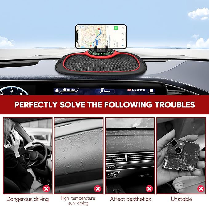 Wuyaoyao Multifunction Car Anti-Slip Mat Auto Phone Holder, PVC Car Dashboard Non-Slip Pad Phone Mount with Temporary Parking Number, Automotive Sticky Dash Pad for Phones, Keys, Gadgets (Black+Red)