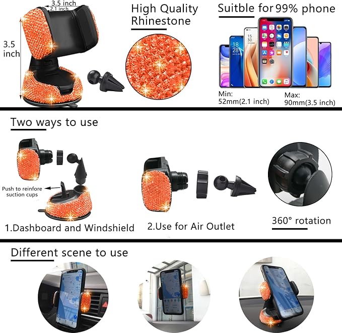 NBTEPEM 27 PCs Orange Bling Car Accessories Set for Women, Steering Wheel Covers Universal Fit 15 Inch, Bling License Plate Frame, Bling Phone Holder, Bling Car Coasters (Orange Diamond)